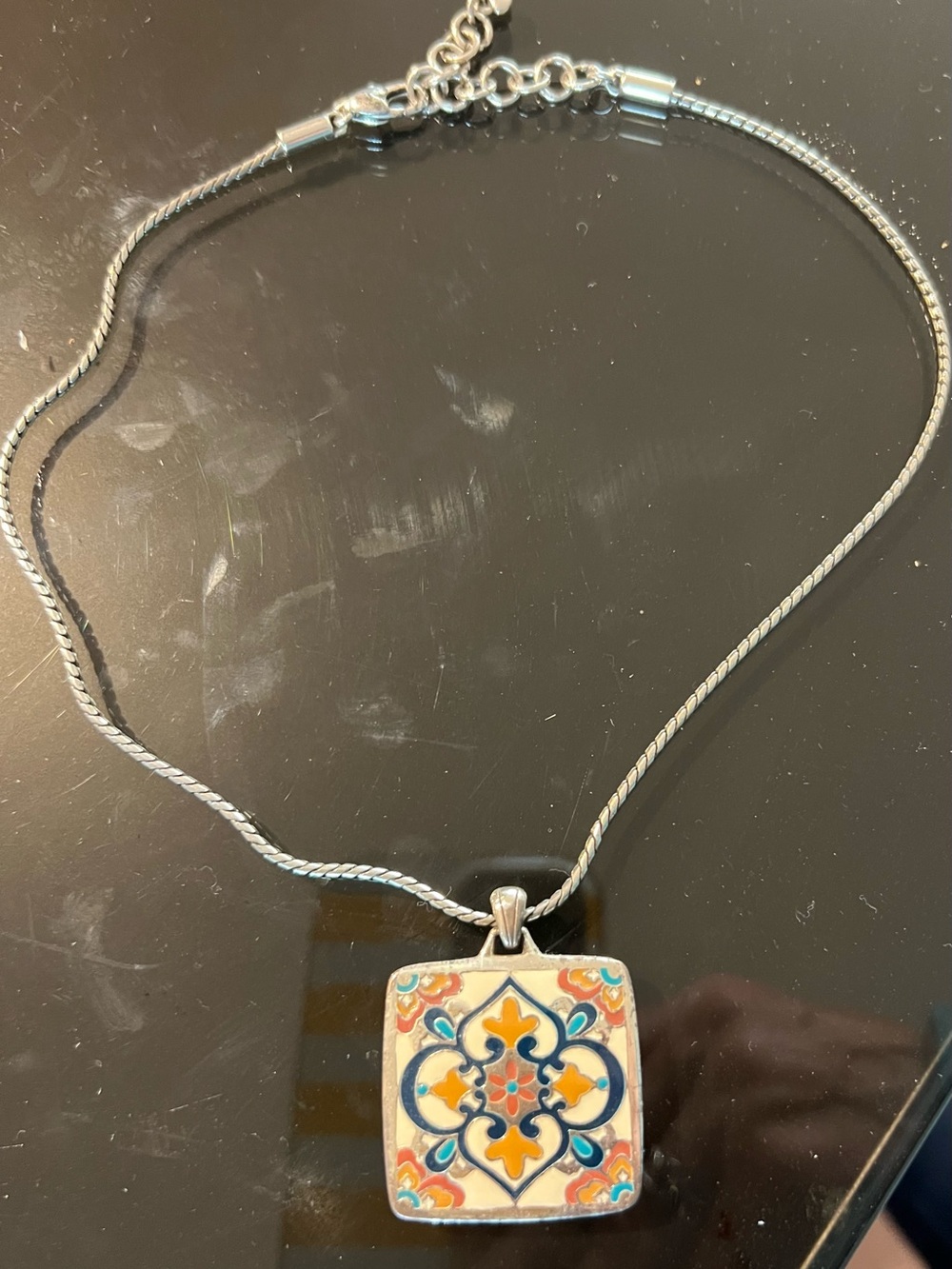 Brighton Ceramic Pendant Necklace White, Blue, Orange, Yellow / reversible